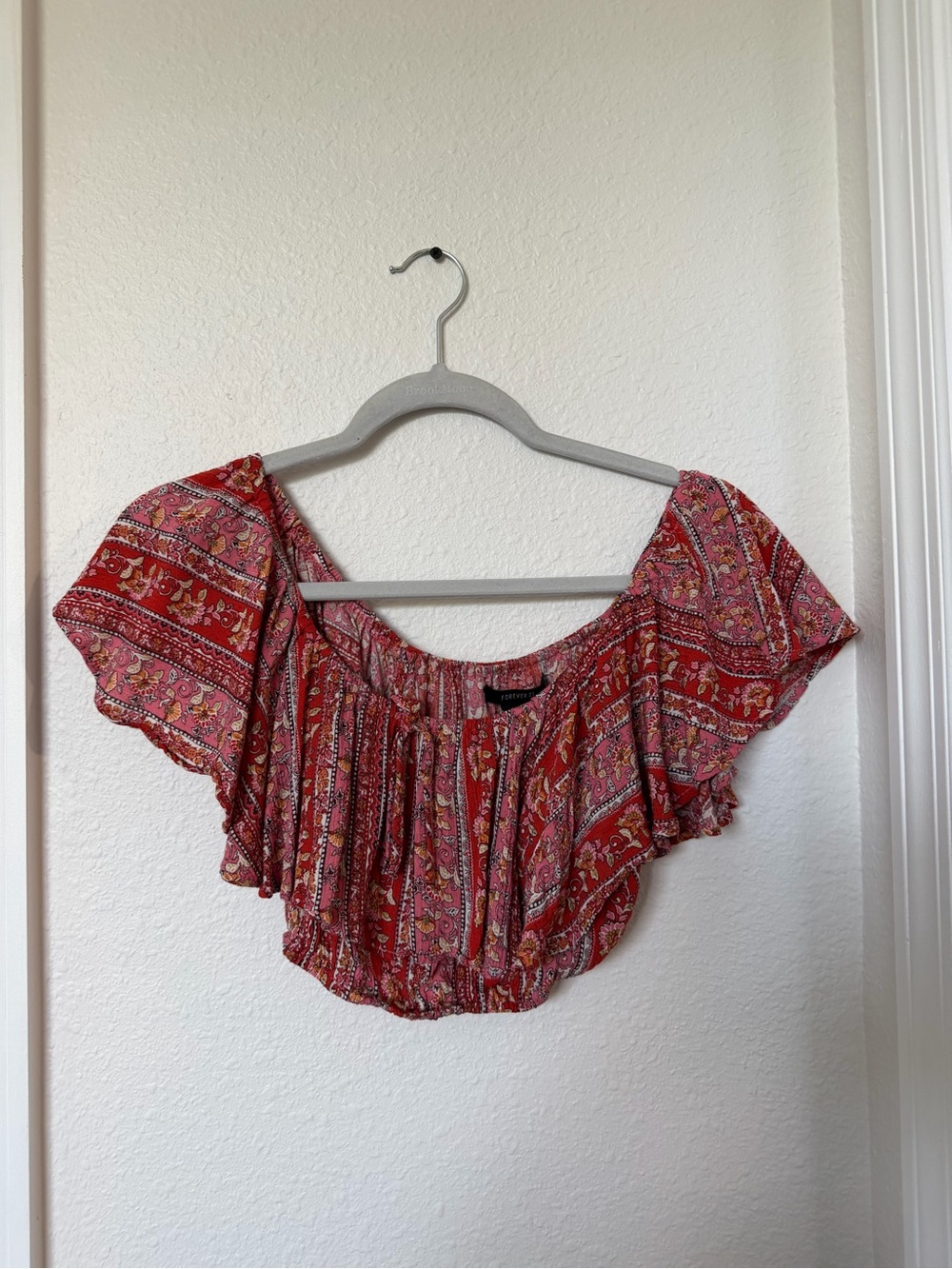 Forever 21 Red Patterned Off-Shoulder Cropped Top